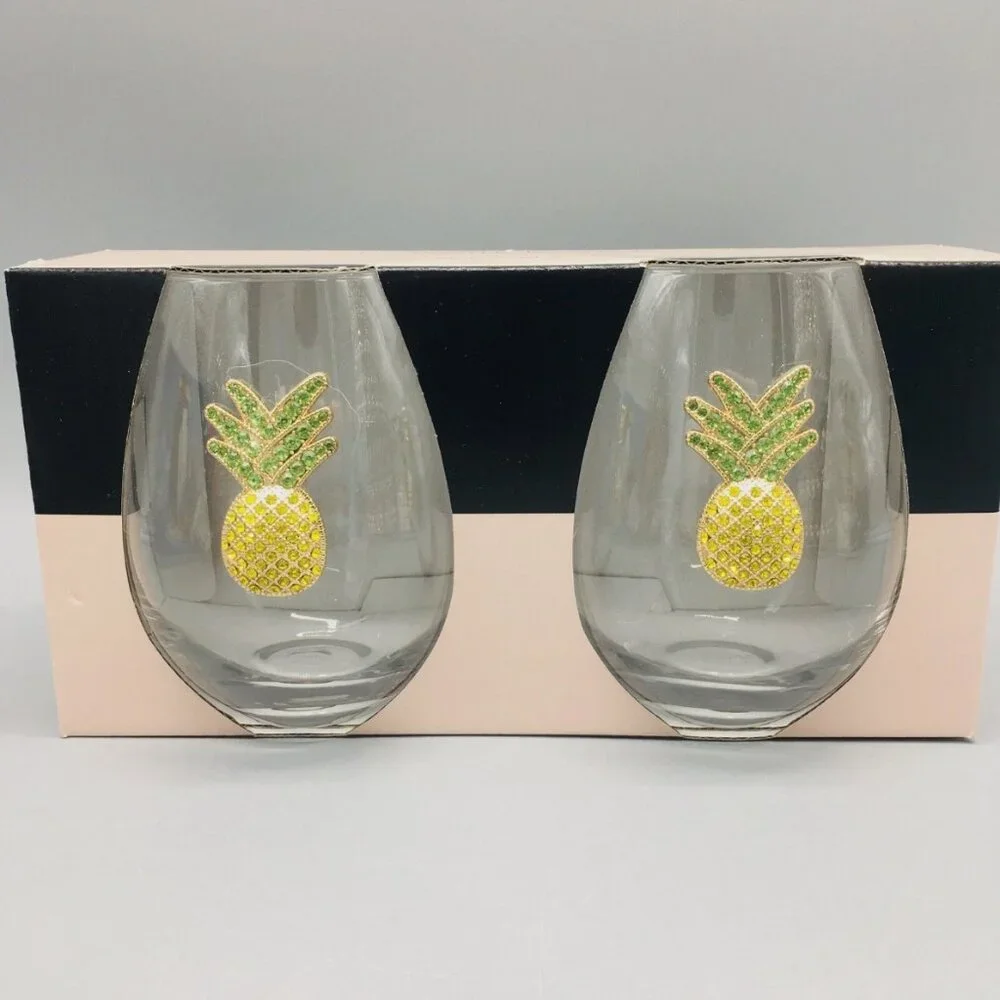 x2 Rachel Zoe Rhinestone Pineapple Stemless Wine Glass Set Bling Tropical 19oz